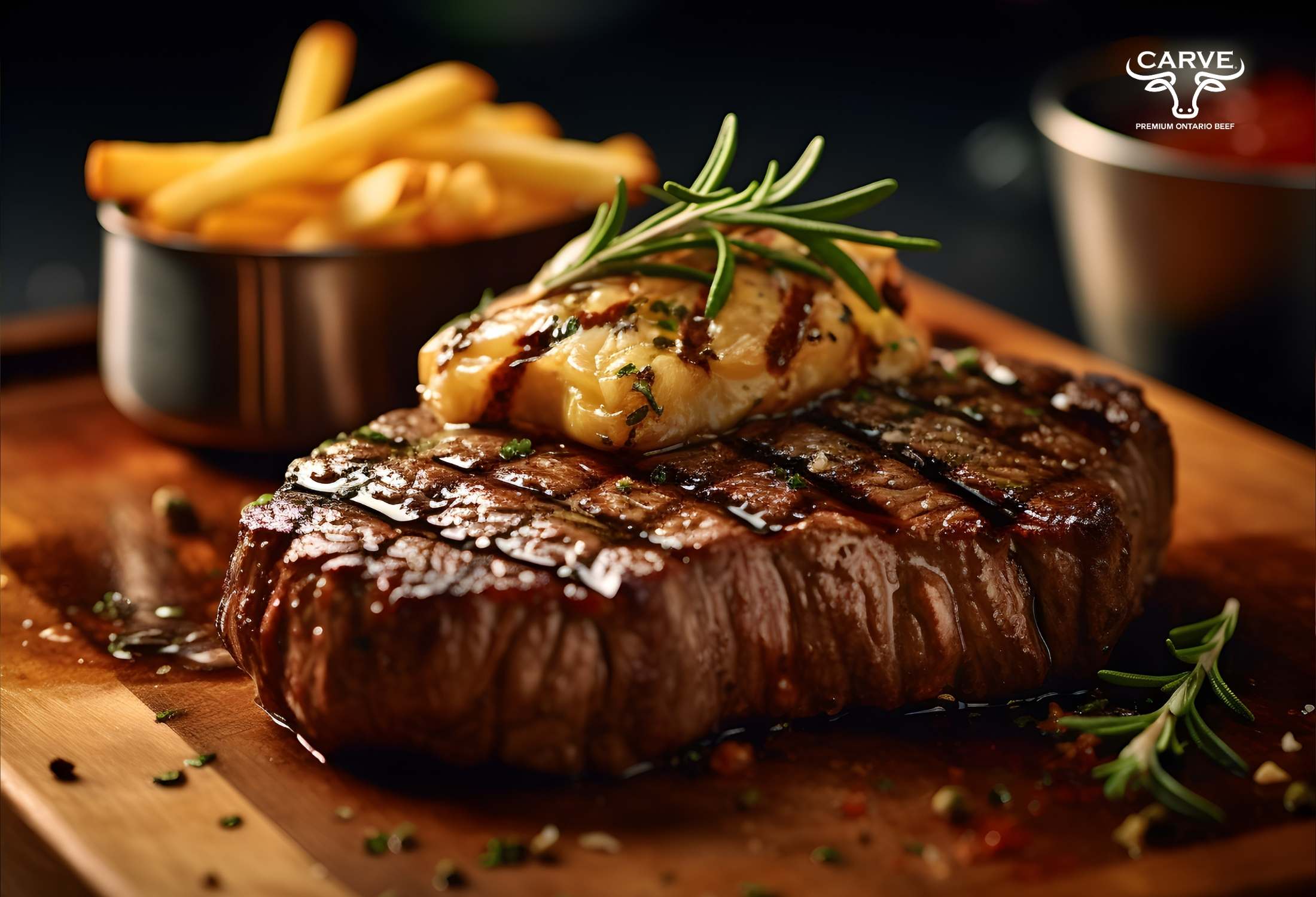 Steak and fries on cutting board Steak and fries on cutting board